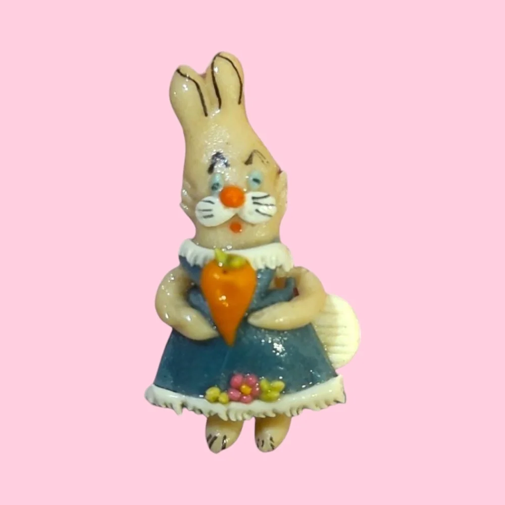 Charming Rabbit Brooch with Blue Dress and Orange Carrot Easter Pin